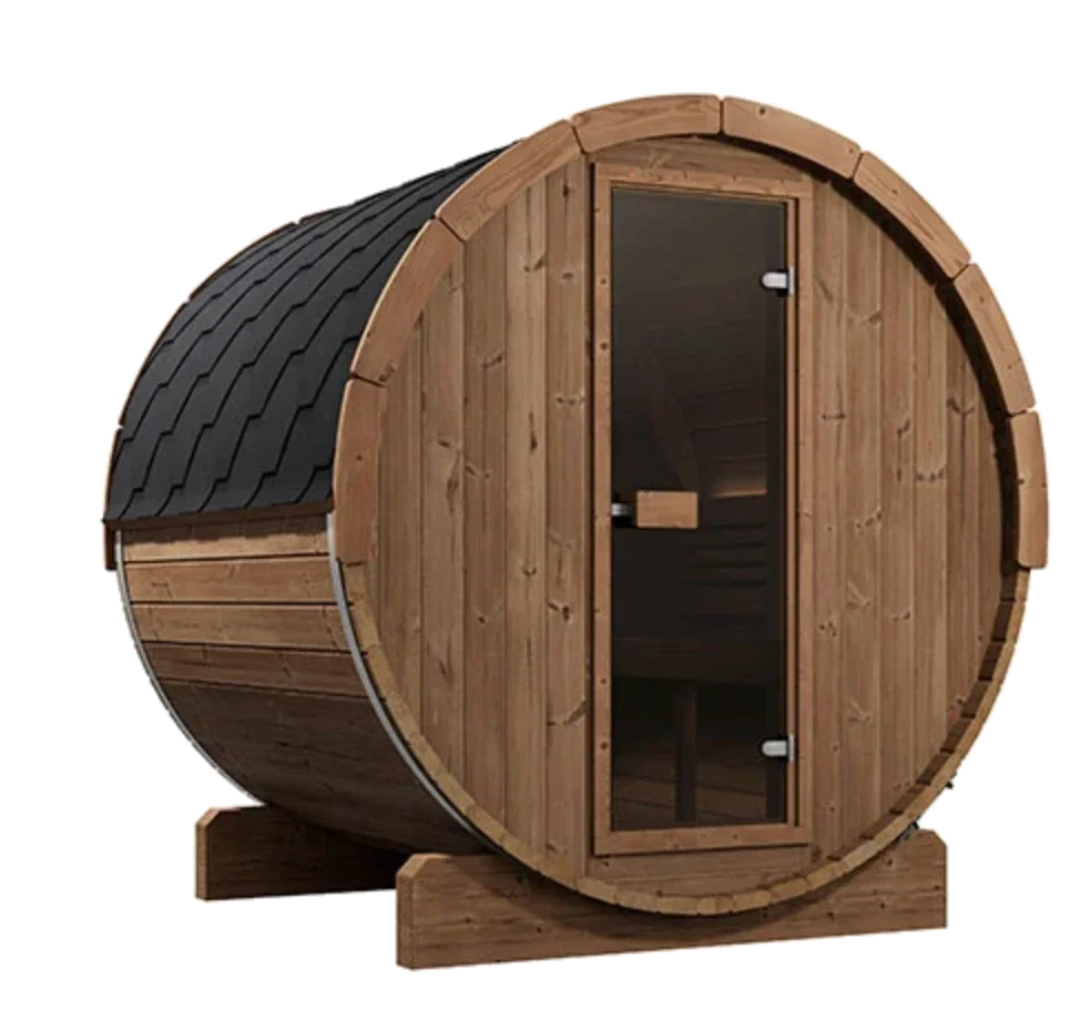 Barrel sauna exterior from a three-quarter angle, with a shingle roof over the cedar staves
