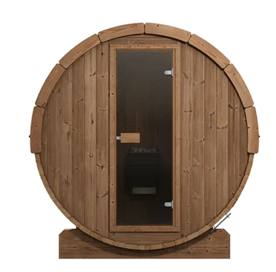 Front of the barrel sauna with a tall tempered glass door