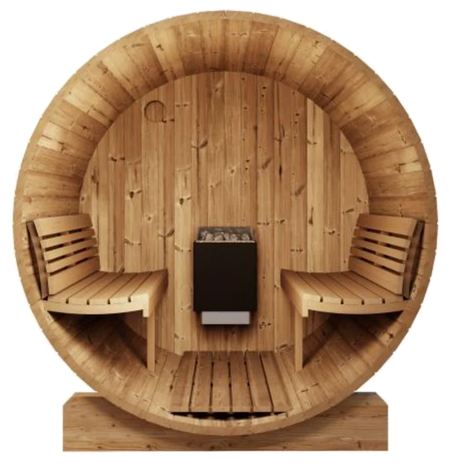 Cutaway front view of the inside: two cedar benches with backrests facing a black electric heater