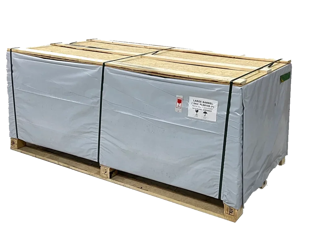The sauna kit wrapped and strapped on a single wooden shipping pallet